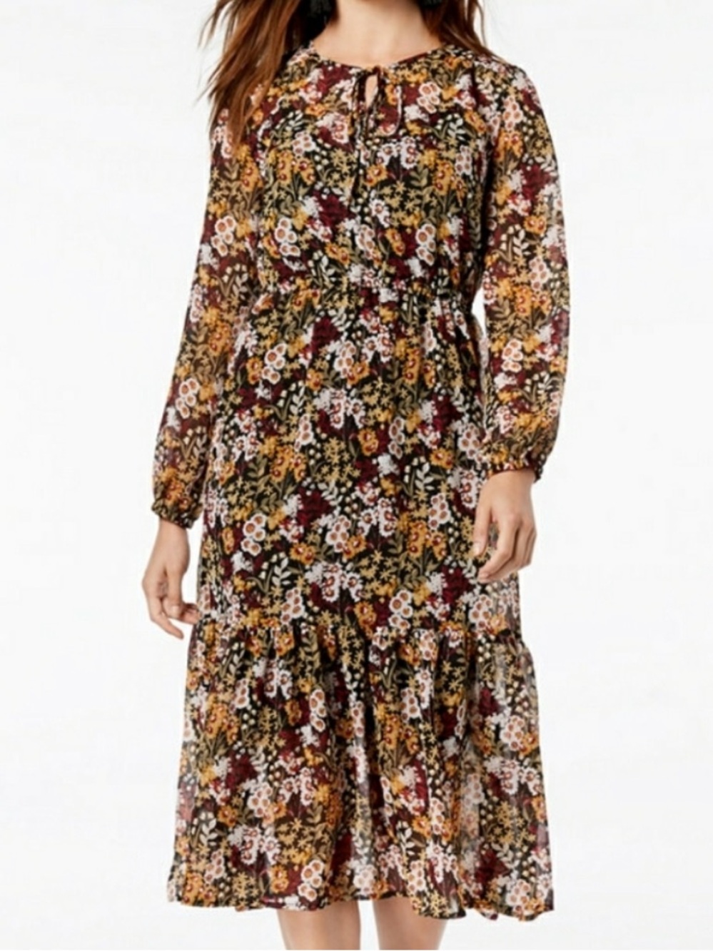 Maison Jules Floral Midi sheer tier Dress in Mustard, Burgundy and Cream